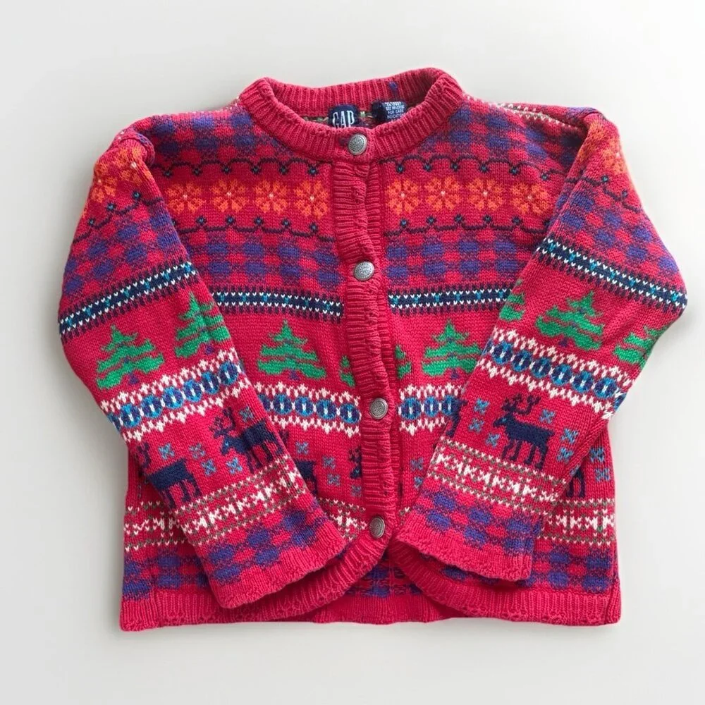 Vintage GAP Kids Fair Isle Cardigan Red Sweater XS Moose Tree Scandi 100% Cotton